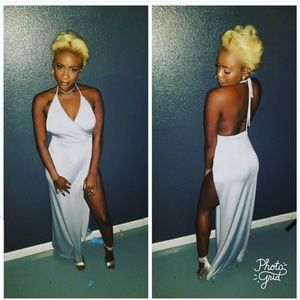 Long Silver High Slit Maxi Dress